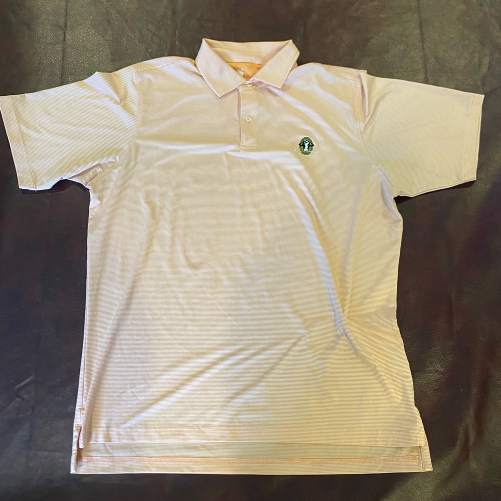 Orange Fairway & Greene Tech Performance golf polo shirt. Size large. Striped